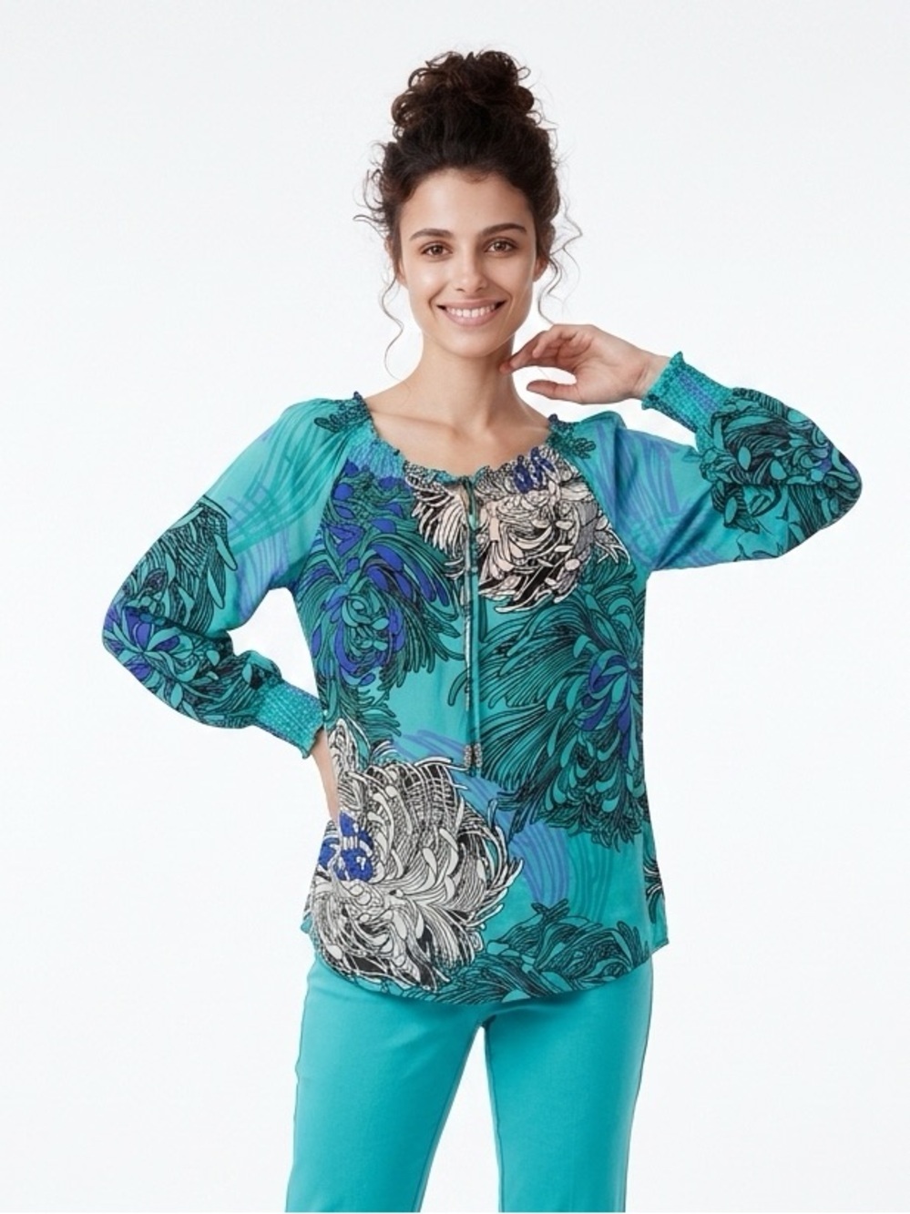 White House Black Market Silk Blouse Teal Floral Split Sleeve Tie Neck Top Med
